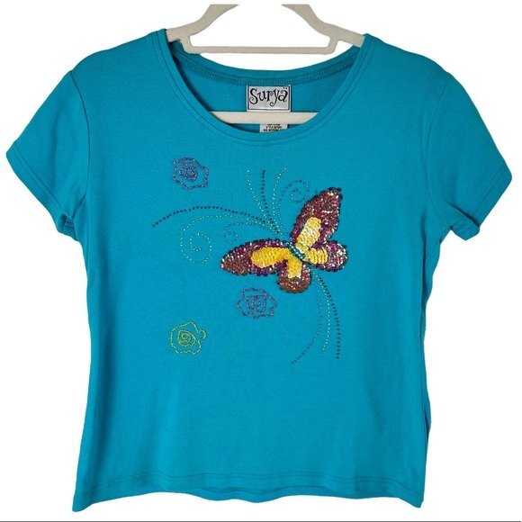 Surya Sequined Beaded Short Sleeve Turquoise Top Size M - Picture 1 of 4